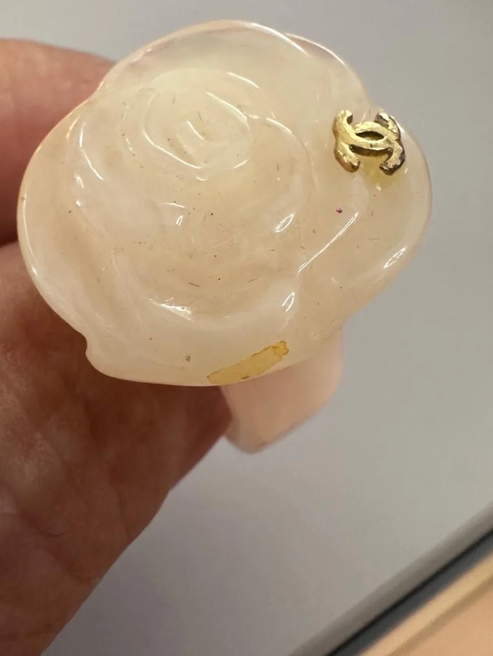 Chanel Pink Camellia Resin Ring with Gold CC Logo - Size 6 vintage
